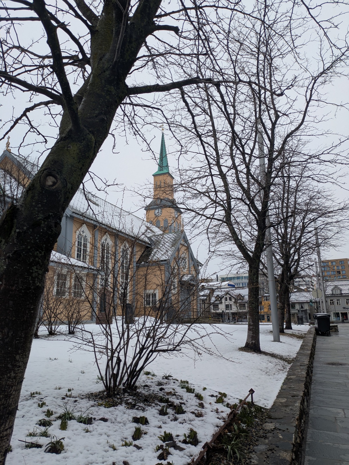 Tromsø Cathedral in winter snow, the meeting point for the walks